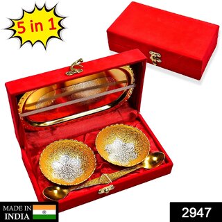 BIYANKA 5-in-1 Gold  Silver Plated Bowl Spoon Tray Set with Velvet Gift Box for Dining Room  for Gift Purpose