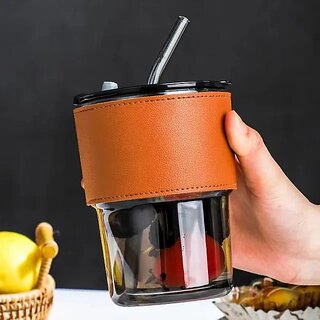 Gorgeous Glass Travel Coffee Mug with Leather Sleeve, Smoke Black, Reusable Straw, Portable Cup for Hot and Cold Beverag