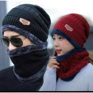 BIYANKA Woollen Cap with Neck Muffler Warmer Set for Mens  Womens - Free Size ( Multicoloured )