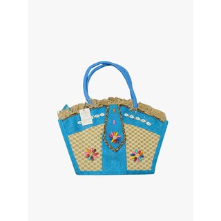 Blue Blossom Applique Jute Handbag Waterproof Multipurpose Bag (Blue, 5 L)