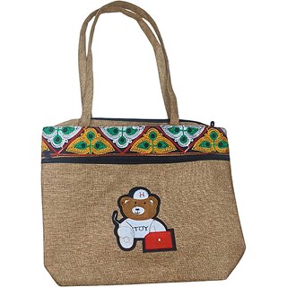 handcrafted teddy printed light brown ladies jute handbag Multipurpose Bag (Brown, 4 L)