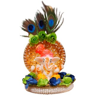Tiny Shiny Lord Ganesha Decorative Showpiece with Yellow Roses  Pearls, 9 cm, Peach Ivory, Traditional Style
