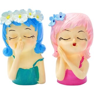 Tiny Shiny Girls Flowerpot Green Head Planter Pot Resin Cute Girl Statue Planter Decorative Cactus Plant Container