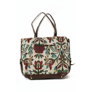 Ethnic Handwoven Canvas Tote Bag with Back Zipper Pocket