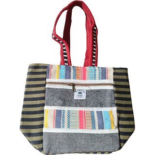 Handcrafted Multicolor Hemp Tote Bag with Front Zipper Pocket