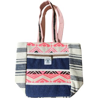 Handcrafted Hemp Tote Bag with Pink  Blue Ethnic Pattern