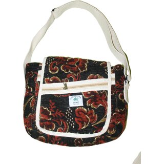 Handcrafted Hemp Shoulder Sling Bag with Floral Brocade Design