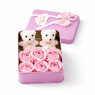 Tiny Shiny Premium Valentine Pink Square Shape Box with 6 Pink Roses, 2 Teddy- Valentine Gift for Girlfriend/Boyfriend