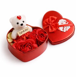 Tiny Shiny Teddy and Roses(3 Pieces Roses 1 Small Bear Doll)/ Heart Shaped Gift Tin Box containing Teddy and Roses