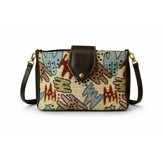Abstract Tapestry Crossbody Sling Bag with Black Leather Strap