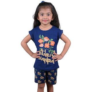 Kid Kupboard Cotton Girls T-Shirt and Short Set, Dark Blue, Half-Sleeves, 7-8 Years KIDS8180