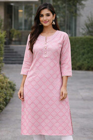 JS Tradition Women Printed, Geometric Print Pure Cotton Straight Kurta (Pink)