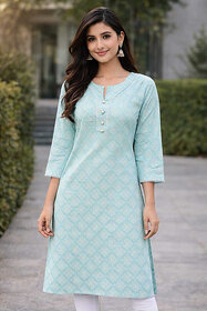 JS Tradition Women Geometric Print, Printed Pure Cotton Straight Kurta (Light Blue)