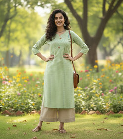 JS Tradition Women Striped Pure Cotton Straight Kurta (Light Green)