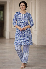 JS Tradition Women Floral Print, Printed, Striped Pure Cotton Straight Kurta (Blue)