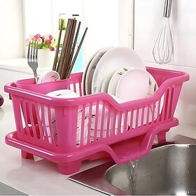3 in 1 Durable Plastic Kitchen Sink Large Dish Rack Drainer With Tray Drying Basket for Utensils and Dishes Pink