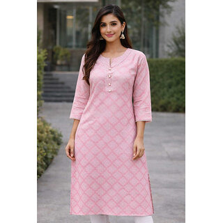 JS Tradition Women Printed, Geometric Print Pure Cotton Straight Kurta (Pink)