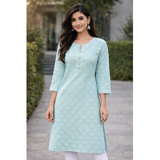 JS Tradition Women Geometric Print, Printed Pure Cotton Straight Kurta (Light Blue)