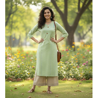 JS Tradition Women Striped Pure Cotton Straight Kurta (Light Green)