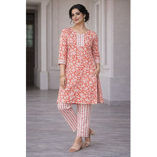 JS Tradition Women Floral Print, Striped, Embroidered Pure Cotton Straight Kurta (Orange)