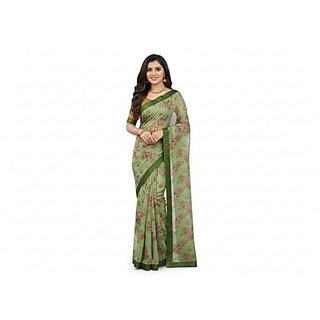 Women's Floral Print Saree Green with Pink Flowers Border Design Traditional Indian Wear