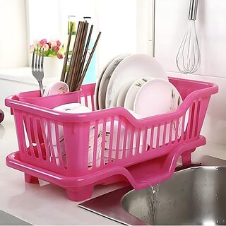 3 in 1 Durable Plastic Kitchen Sink Large Dish Rack Drainer With Tray Drying Basket for Utensils and Dishes Pink