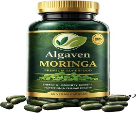 Algaven Moringa Capsules - Premium Vegan Superfood Supplement for Enhanced Energy, Immune Support, and Overall Wellness - 60 Count