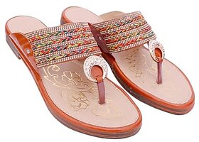 Wellmax Womens Tan Traditional Ethnic Design Kohlapuri Flat Sandal
