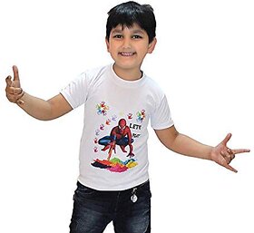 Kaku Fancy Dresses Printed White Holi T-Shirt for Boys & Girls | White Tshirt for Holi | Colorful Holi Tshirt