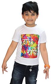 Kaku Fancy Dresses Printed White Holi T-Shirt for Boys & Girls | White Tshirt for Holi | Colorful Holi Tshirt