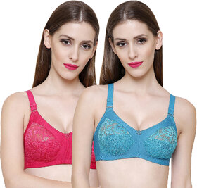 ZIVOK (Pack of 2) Women Full Coverage Non Padded Bra (Pink, Green)