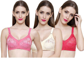 ZIVOK (Pack of 3) Women Full Coverage Non Padded Bra (Red, Beige)