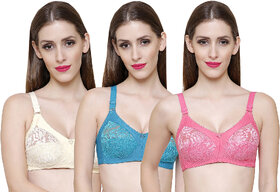 ZIVOK (Pack of 3) Women Full Coverage Non Padded Bra (Red, Green, Beige)