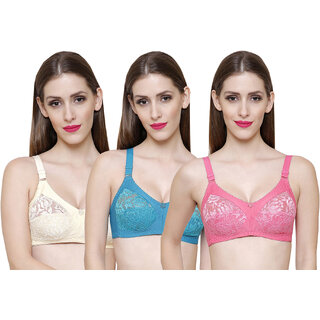 ZIVOK (Pack of 3) Women Full Coverage Non Padded Bra (Red, Green, Beige)
