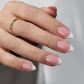 Stick On Nail  Press-On Nails  24 Reusable Soft Gel Nails  Short Round Shape with White Tips  Long Lasting Korean Liquid Nail Glue and Tabs Included  Indie Nails Transparent French Nail Tips