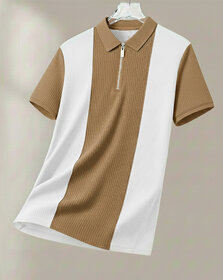 Ausk Mens White, Beige Checkered Cotton Blend Polo T-Shirt