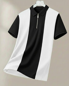 Ausk Mens Black, White Checkered Cotton Blend Polo T-Shirt