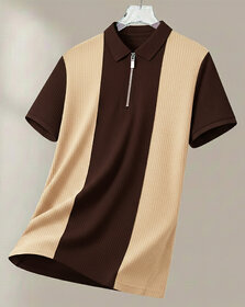 Ausk Mens Off White, Brown Checkered Cotton Blend Polo T-Shirt