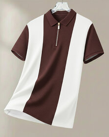 Ausk Mens Brown, White Checkered Cotton Blend Polo T-Shirt