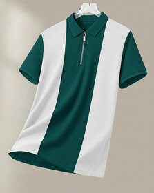 Ausk Mens Bottle Green, White Checkered Cotton Blend Polo T-Shirt