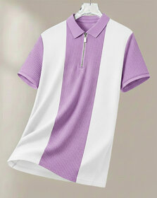 Ausk Mens Lavender, White Checkered Cotton Blend Polo T-Shirt
