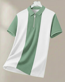 Ausk Mens Light Green, White Checkered Cotton Blend Polo T-Shirt