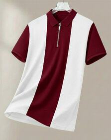 Ausk Mens Maroon, White Checkered Cotton Blend Polo T-Shirt