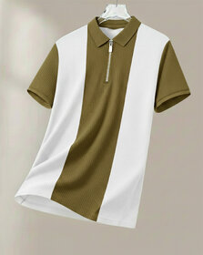 Ausk Mens White, Brown Checkered Cotton Blend Polo T-Shirt