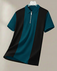 Ausk Mens Teal Blue, Black Checkered Cotton Blend Polo T-Shirt