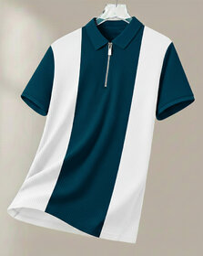 Ausk Mens Dark Blue, White Checkered Cotton Blend Polo T-Shirt