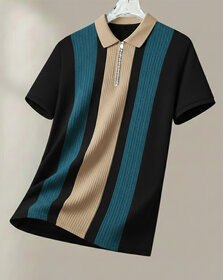 Ausk Mens Black, Teal Blue Checkered Cotton Blend Polo T-Shirt