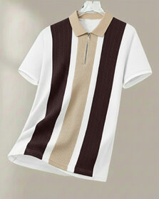 Ausk Mens White, Brown Checkered Cotton Blend Polo T-Shirt