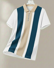 Ausk Mens Teal Blue, White Checkered Cotton Blend Polo T-Shirt