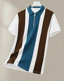 Ausk Mens Brown, White Checkered Cotton Blend Polo T-Shirt